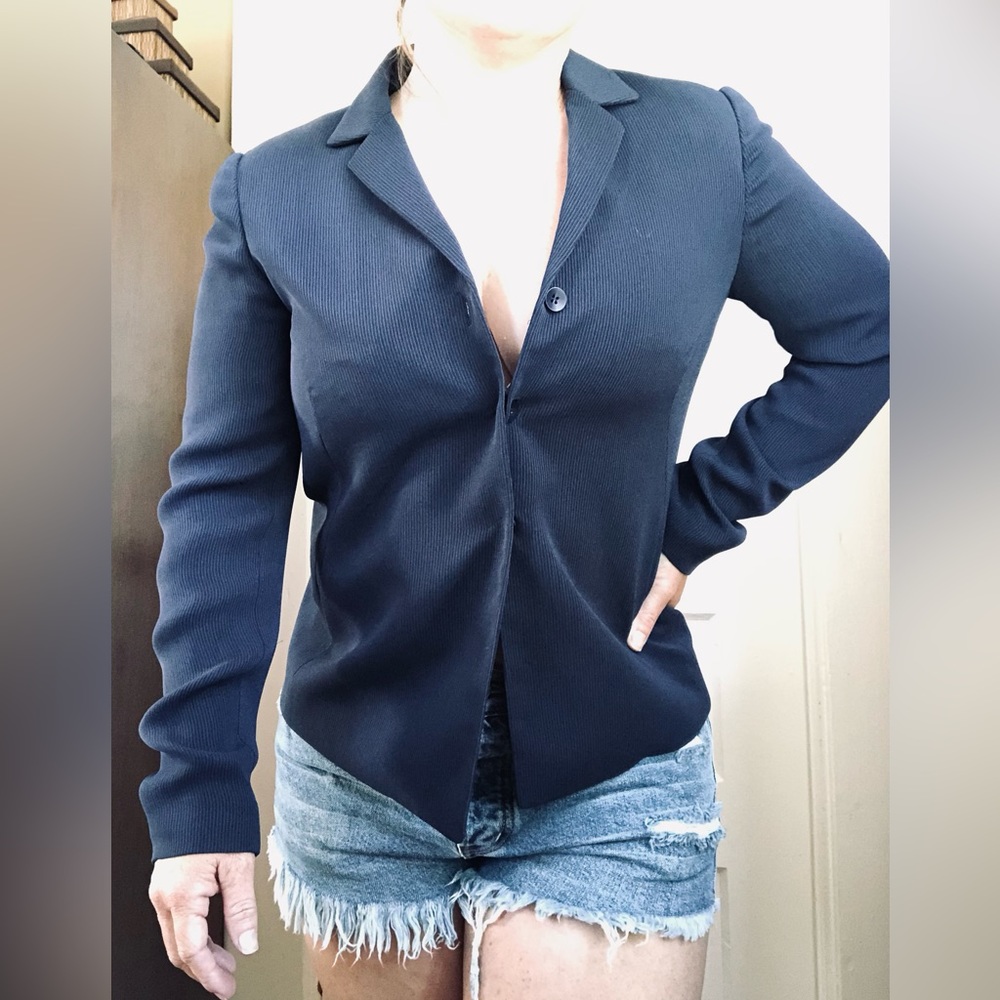 Vintage Petite Sophisticate Sleek Navy with Pinstripe Suit Jacket